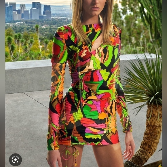 DUNDAS Dresses & Skirts - Dundas Blitz Abstract-Print Slash Cutout Ruched Mini Dress